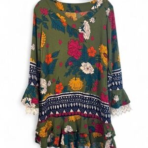 Rita Jardin Green floral print tunic dress with lace bell sleeves size medium‎